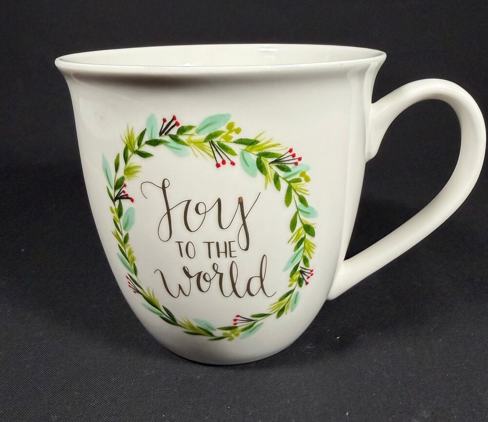 Joy to the World Mug 22oz Christmas Holiday Coffee Tea Cup Green Floral Wreath